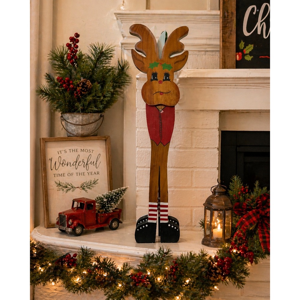 Vintage Wooden Reindeer 18" Hand‎ Painted Folk Art Christmas Decor Rustic